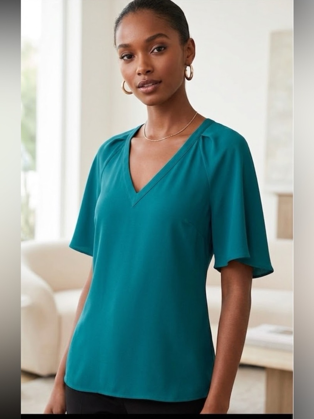 Naked Zebra Flutter Sleeve V-Neck Satin Blouse Emerald Green
